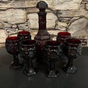 1876 Avon Cape Cod Collection Decanter & 6 Wine Goblets Vintage Ruby Red Glass.